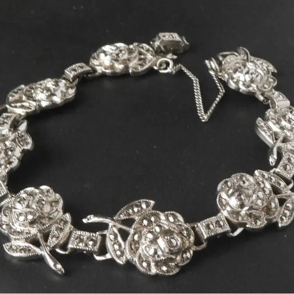 Vintage Art Deco Signed by KD Sterling Roses Sparkling Bracelet 22g 7